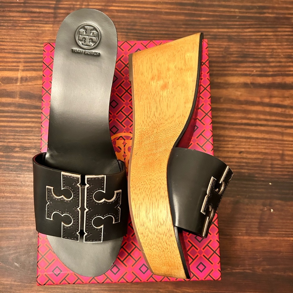 NIB Tory Burch Ines 80mm Wedge Slide SIZE 11  Black/Silver trim